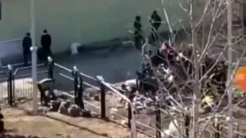 Люди разбирают продуктовую помойку у сгоревшего магазина «Экономыч» в Южно-Сахалинске