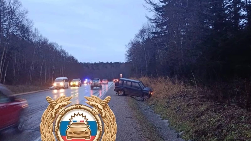 Водитель Suzuki Escudo вылетел в кювет на автодороге Южно-Сахалинск — Корсаков