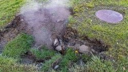 Пар пошел из дыры в газоне на проспекте Победы в Южно-Сахалинске