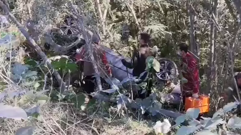 В Долинском районе авто улетело с дороги вниз на три метра и скрылось в зарослях