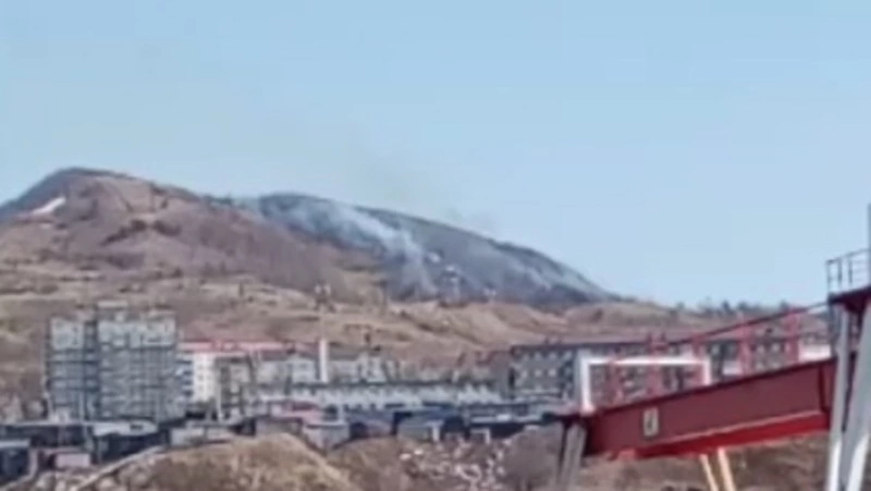 Трава вспыхнула на сопках в Холмском районе