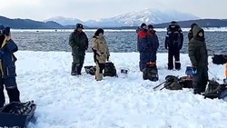 Вертолет и удочки задействуют в спасении рыбаков с дрейфующей льдины на Сахалине