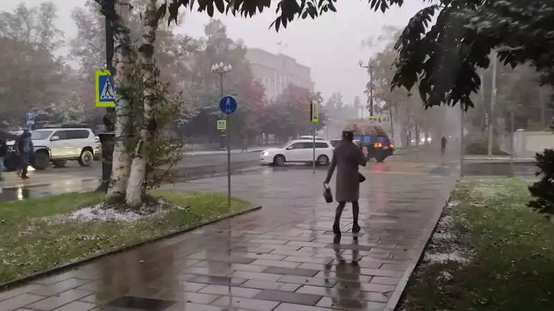 Южно-Сахалинск засыпало мокрым снегом