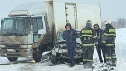 Легковой автомобиль раскурочило после столкновения с грузовиком на скользкой дороге у села Сокол