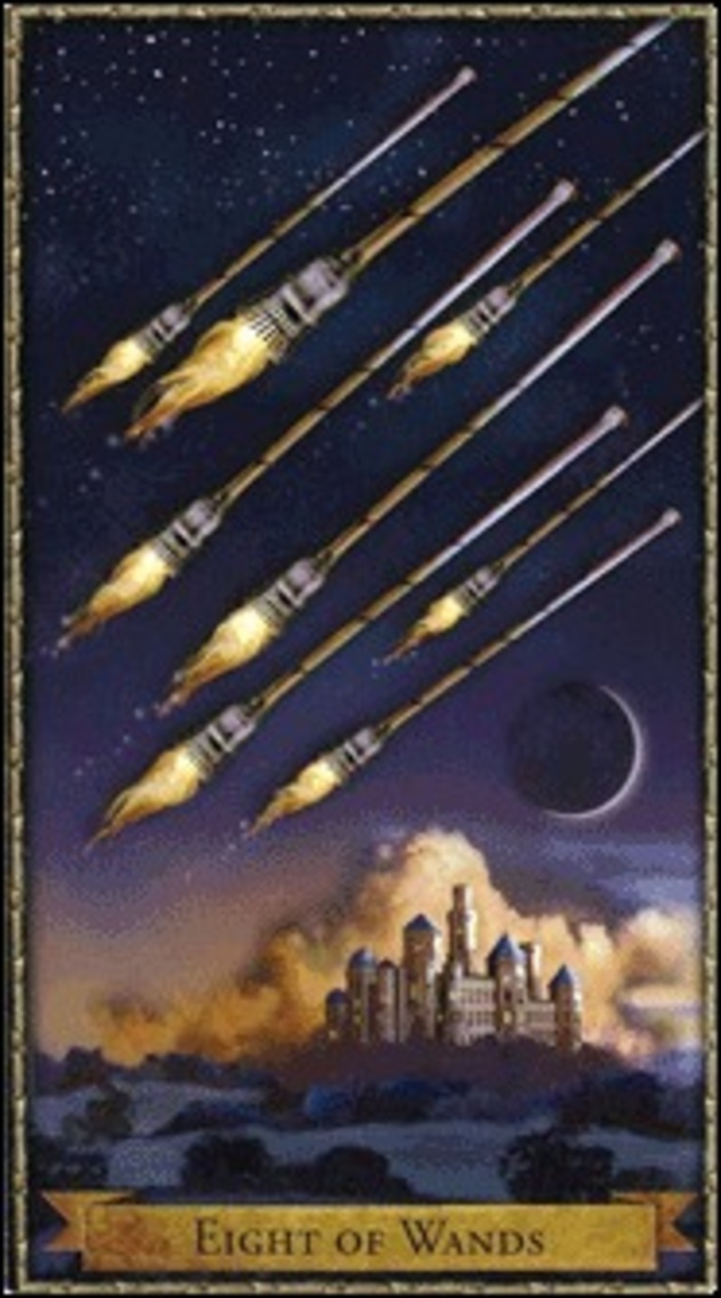 Младший аркан таро восьмерка жезлов. Карты таро фенестра. Magic tarot галерея. Карта таро 8 жезлов. Таро ллевеллина 8 жезлов.