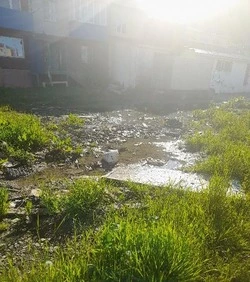 Гигантская лужа на юге Сахалина не хочет покидать двор жилого дома