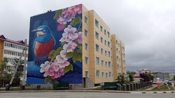 Мурал с изображением зимородка и ветки сакуры появился на стене дома в Долинске