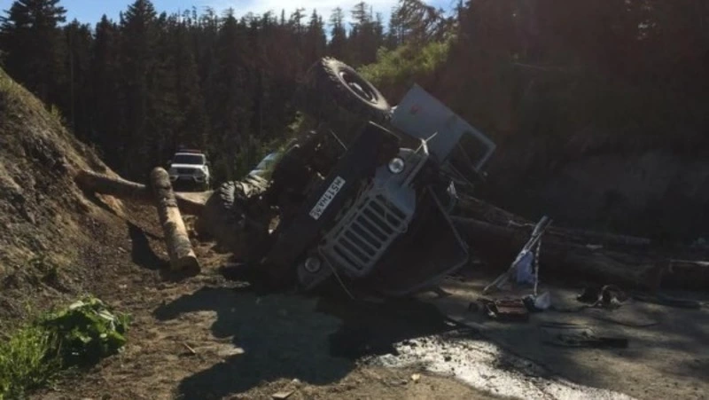«Урал» с грузом бревен перевернулся на Сахалине: пострадали три человека